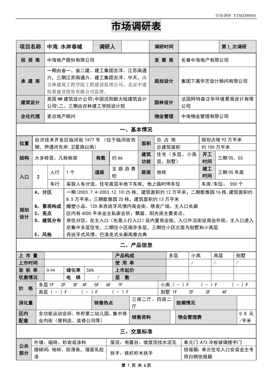 房地产公司 市场调研表_第1页