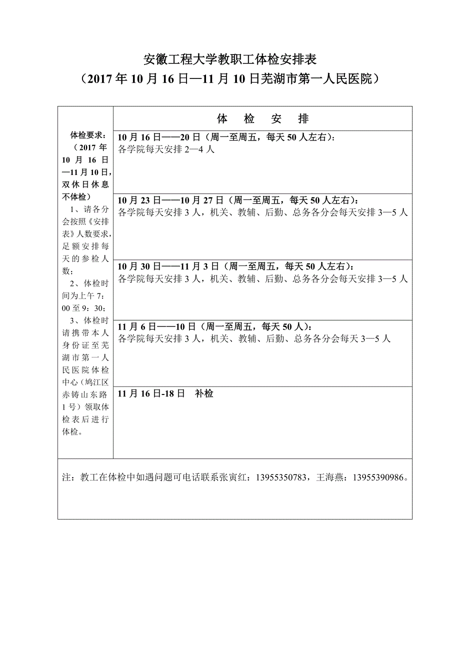 安徽工程大学教职工体检安排表_第2页