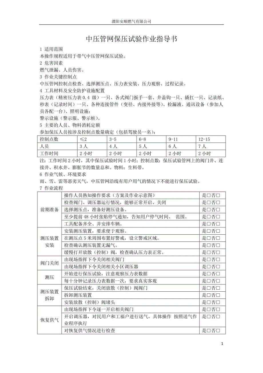 中压管网保压试验作业指导书_第1页