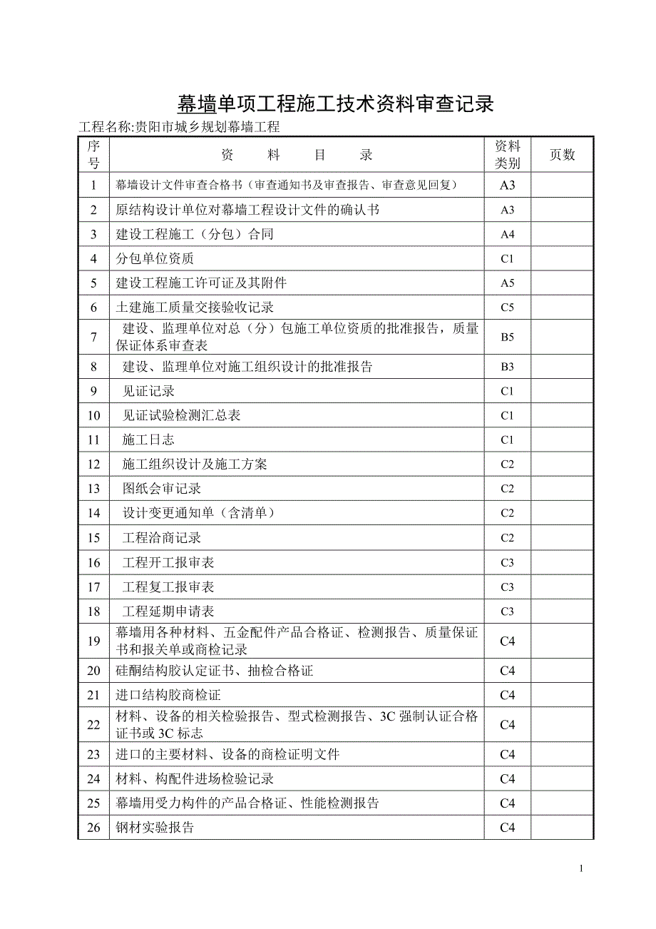 幕墙单项工程施工技术资料审查记录_第1页