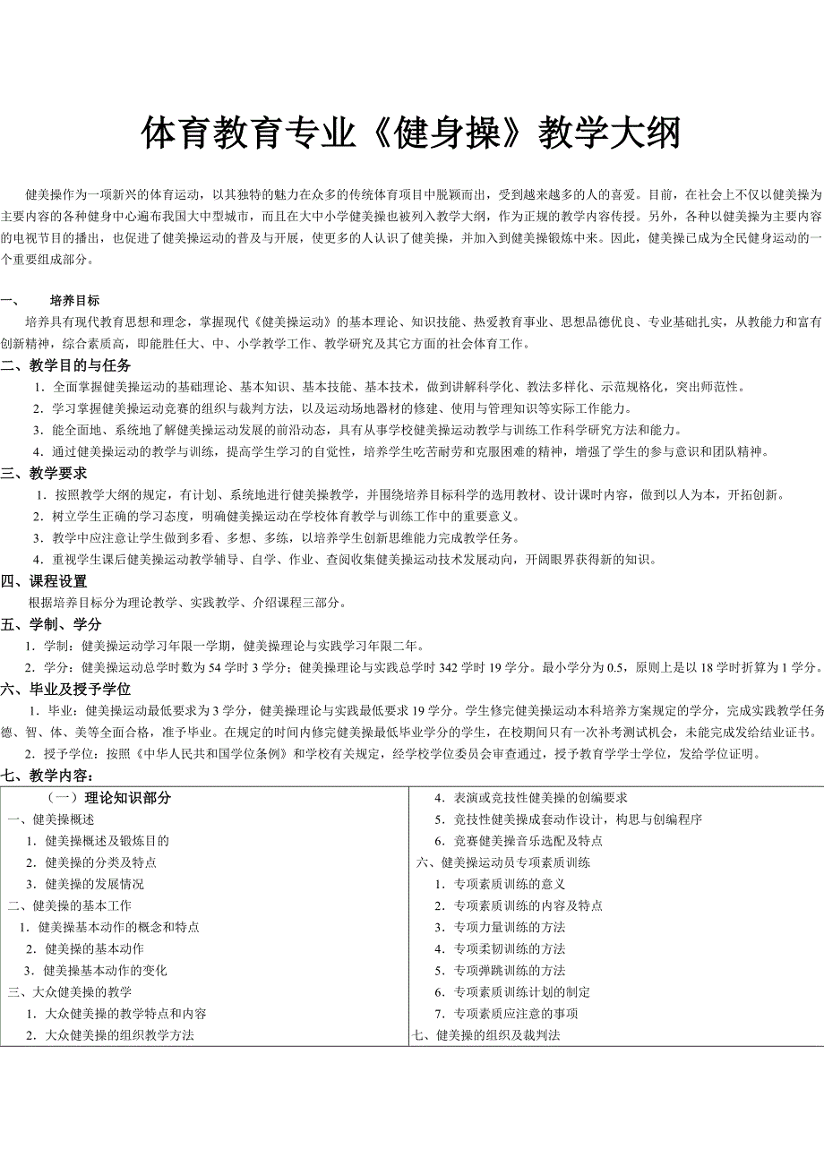 体育教育专业《健美操》教学大纲_第1页
