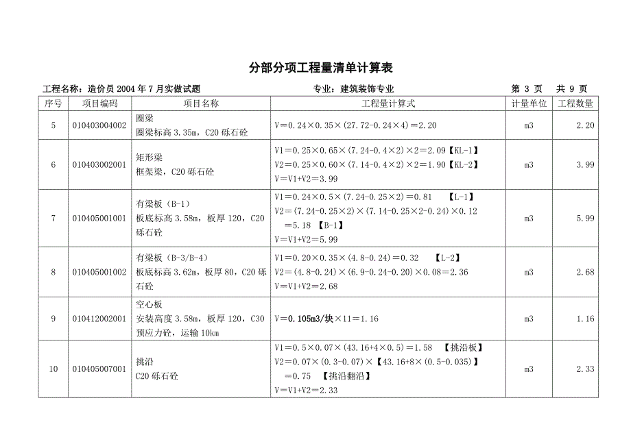 造价员实做习题七参考答案_第3页