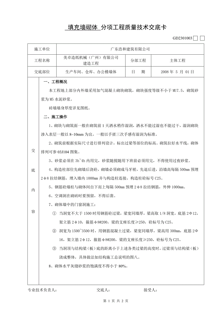 填充墙砌体分项工程质量技术交底卡_第1页