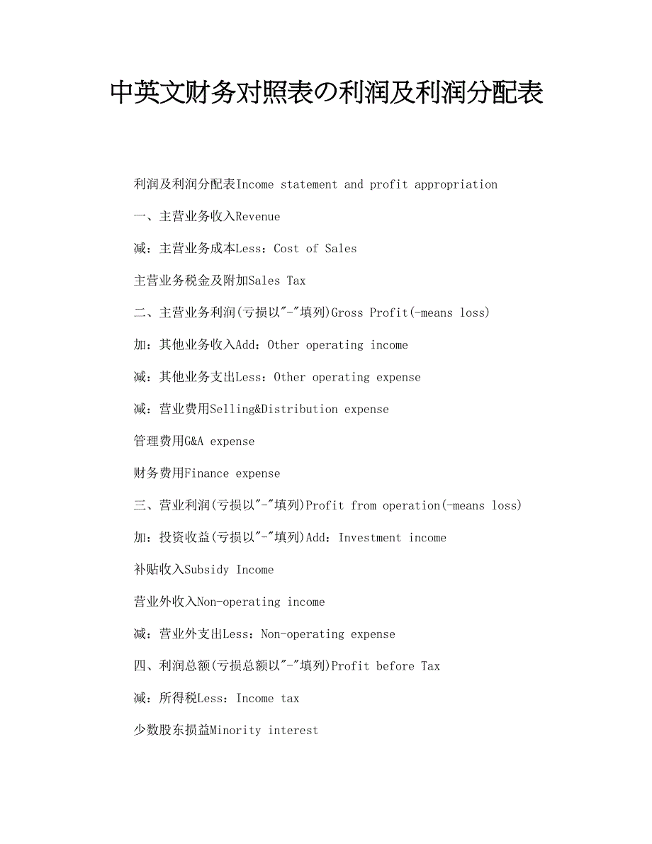 中英文财务对照表の利润及利润分配表_第1页