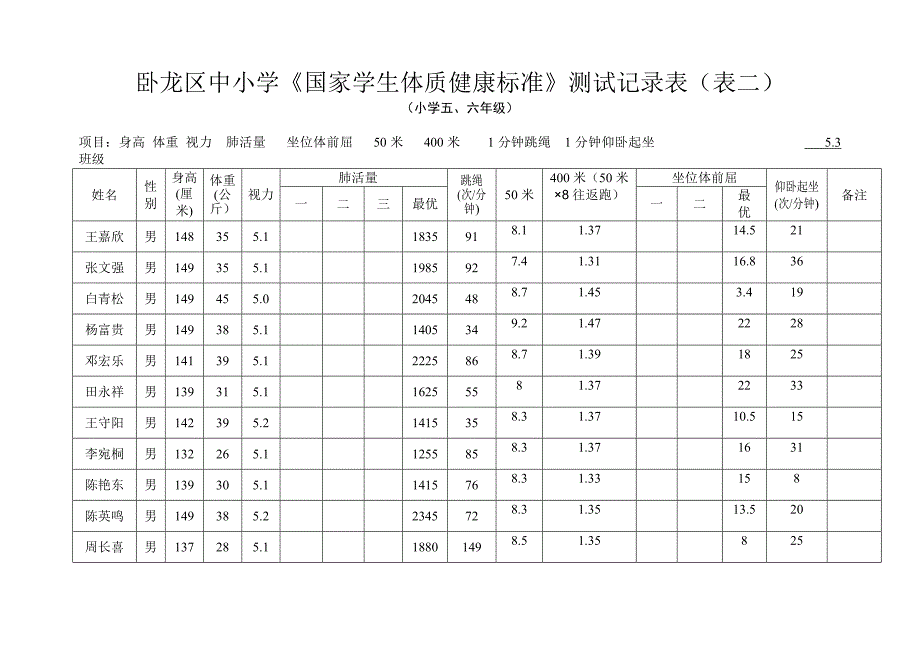 中小学《国家学生体质健康标准》测试记录表_第4页