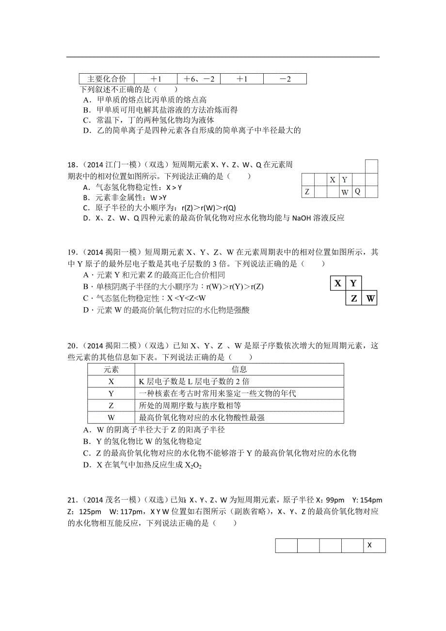 广东省梅县2015届高三化学二轮专题复习专题五 元素周期表_第5页