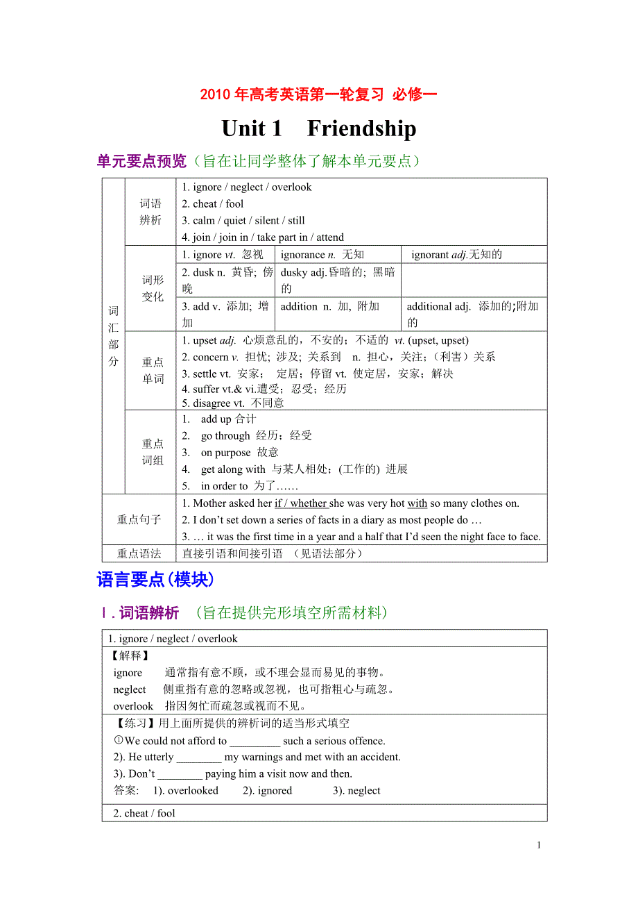 高考英语第一轮复习-必修一_第1页