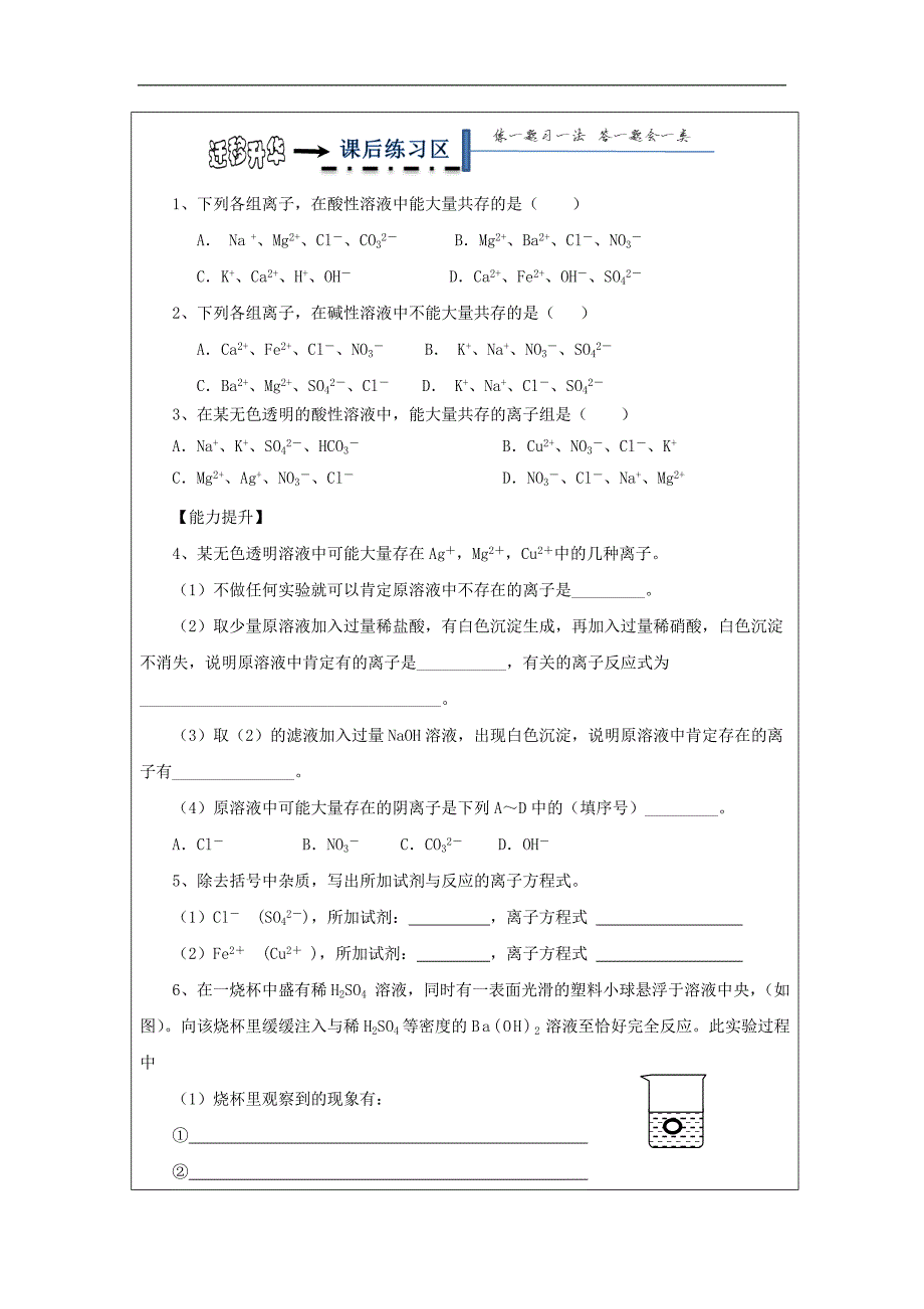 黑龙江省齐齐哈尔市高中化学 第二章 化学物质及其变化 第二节 离子反应（第3课时）学案（无答案）新人教版必修1_第4页