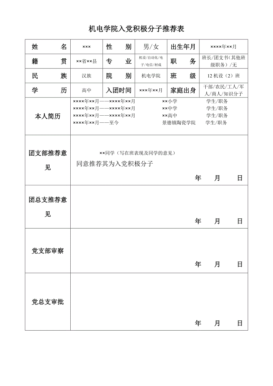 范本(入党积极分子推荐表)_第1页