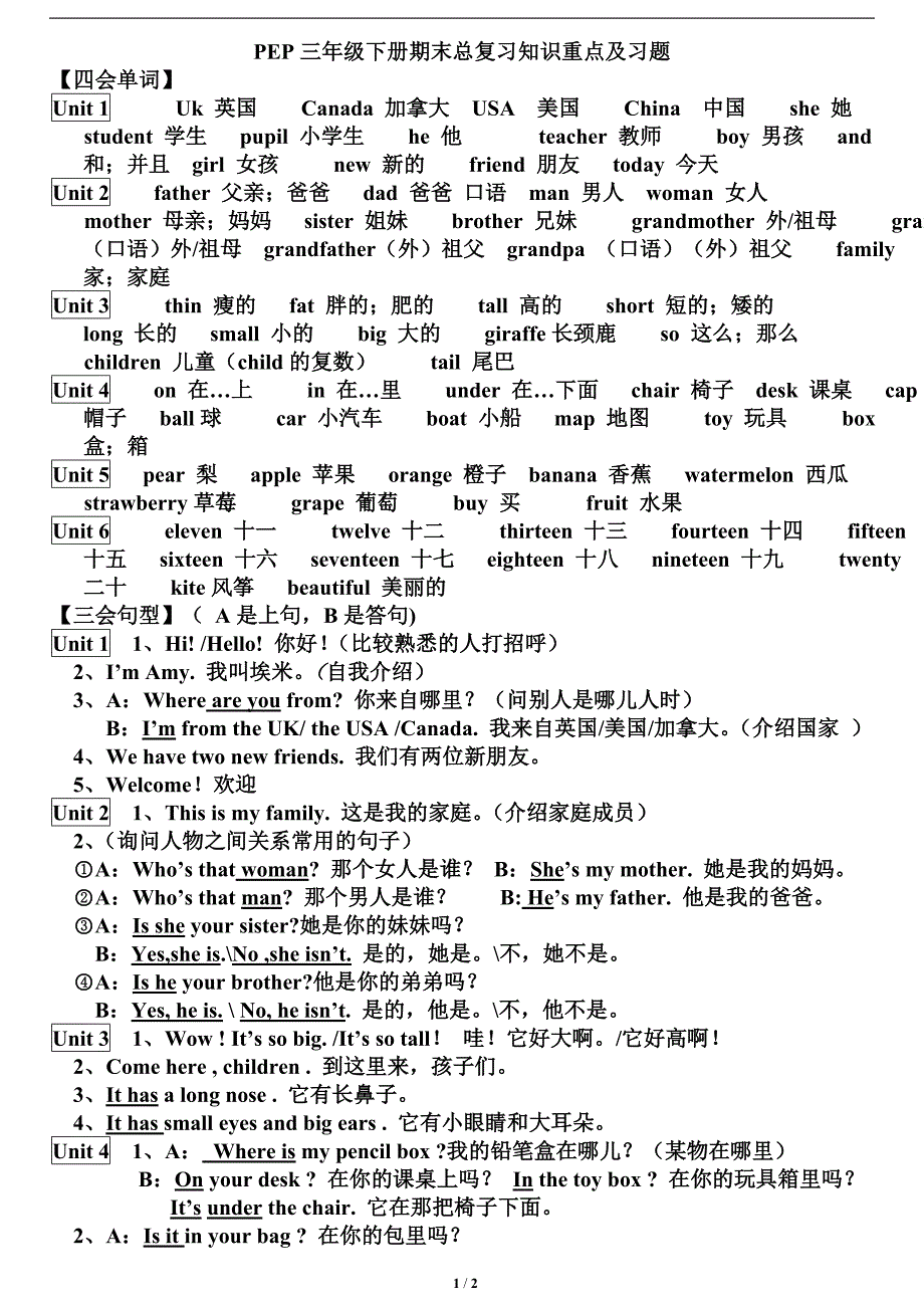 人教版pep英语小学三年级(下)知识点归纳__期末总复习资料_第1页