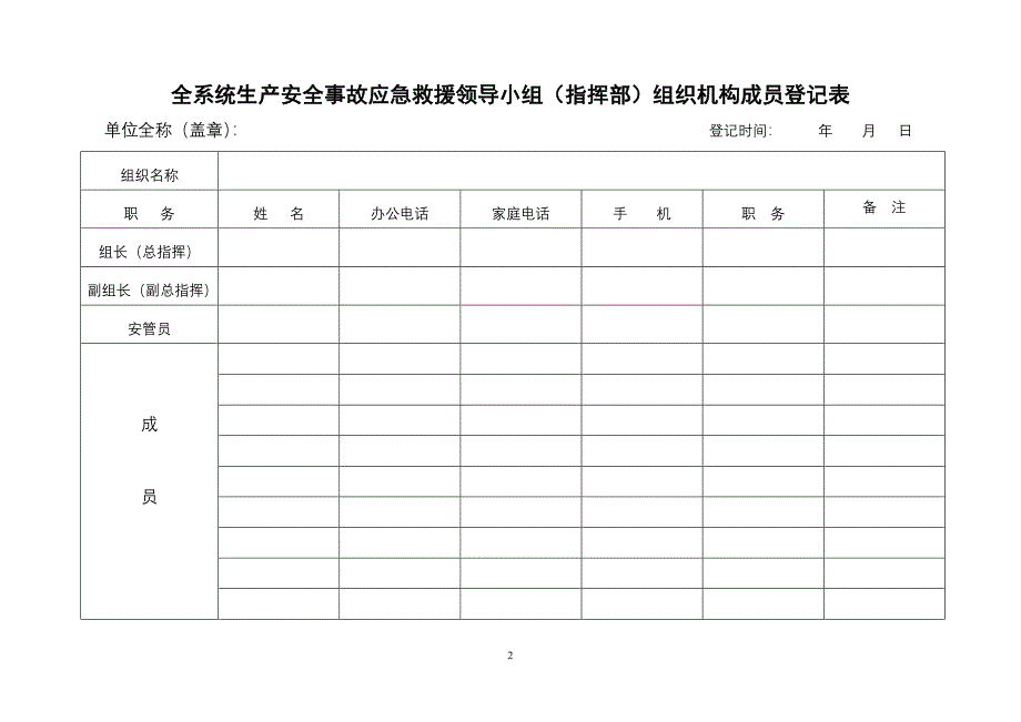 全系统安全生产领导小组组织机构成员登记表_第2页