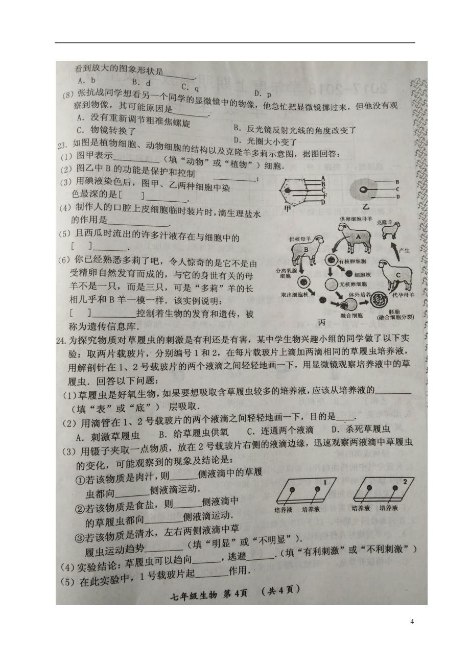 河南省漯河市郾城区2017-2018学年七年级生物上学期期中试题 新人教版_第4页