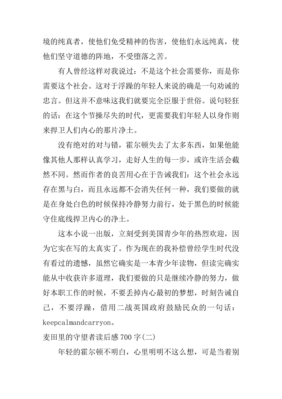 麦田里的守望者读后感700字_第2页