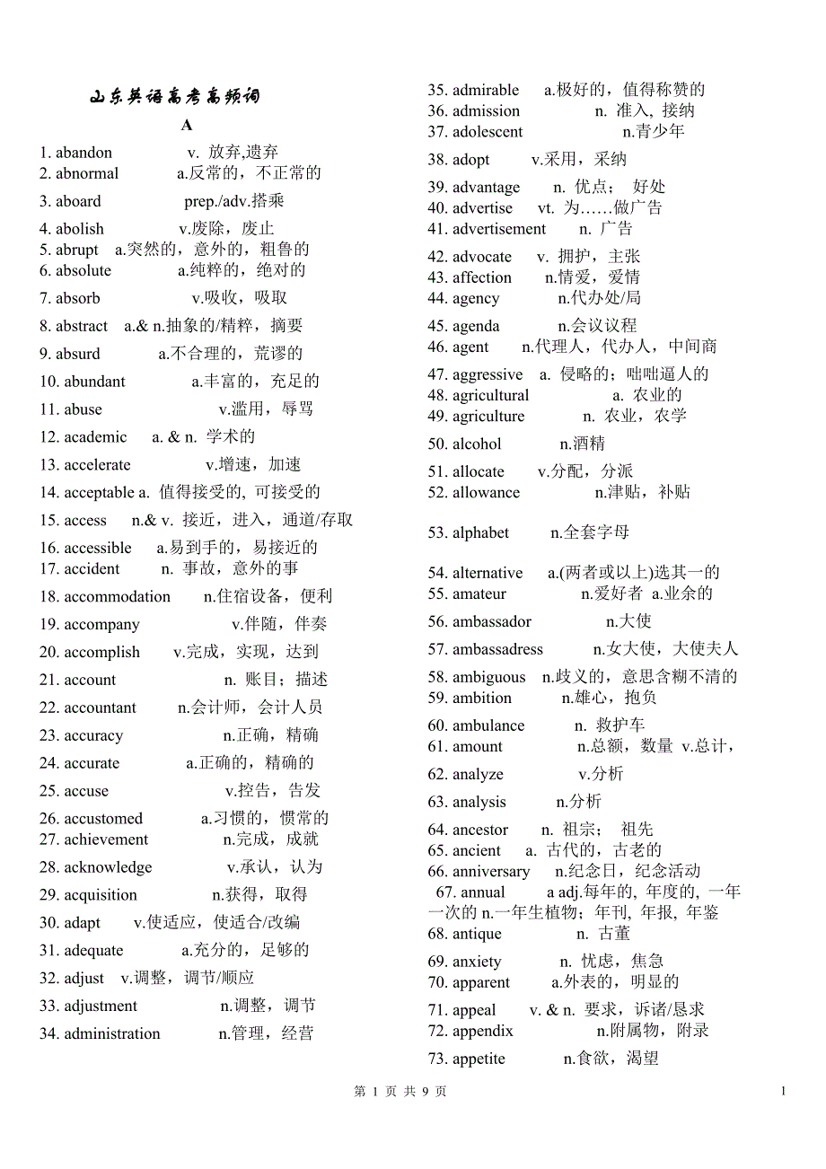 山东省英语高考高频词汇_第1页