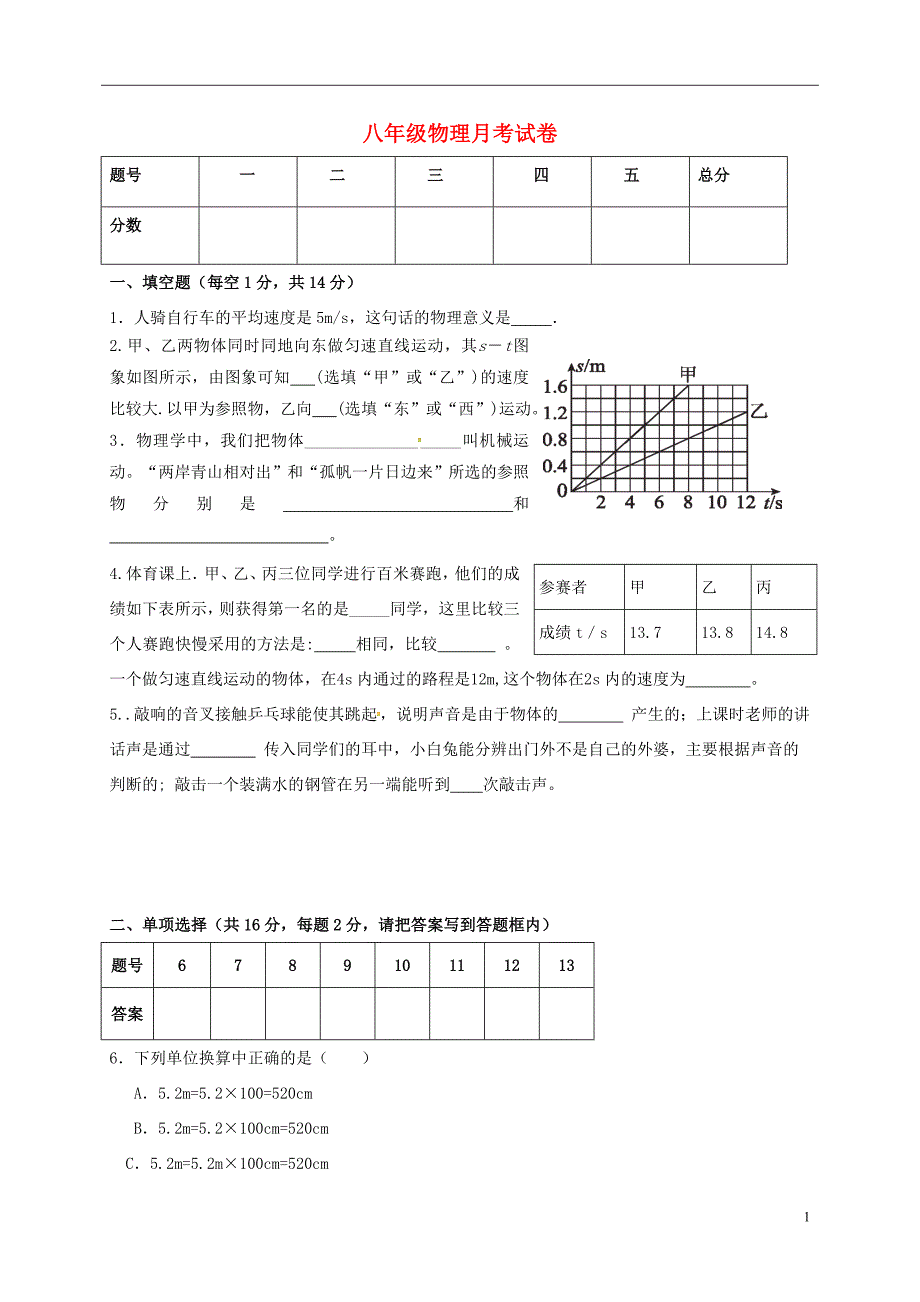 河南省商丘市柘城县2017-2018学年八年级物理上学期第一次段考试题 新人教版_第1页