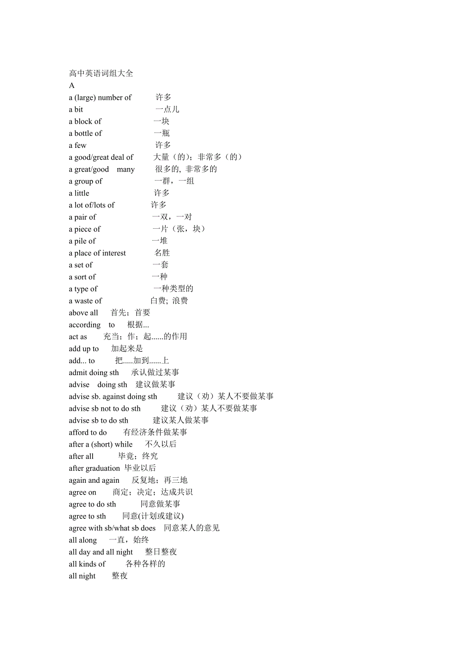 高中英语短语大全 (包含初中 按字母顺序排列)_第1页