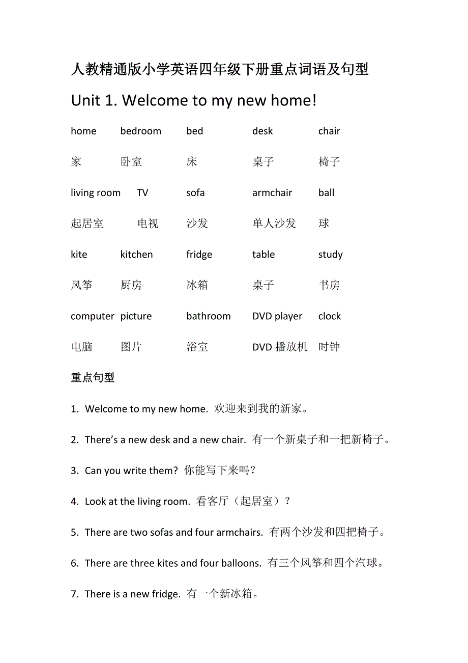 人教精通版小学英语四年级下册重点词语及句型_第1页