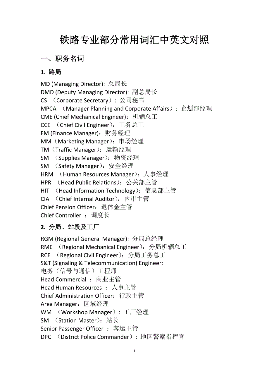 铁路专业部分常用词汇中英文对照表_第1页