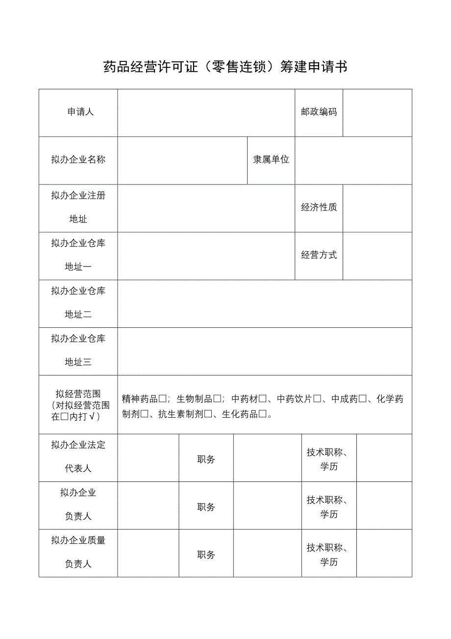 药品经营许可证（零售连锁）筹建申请书_第1页