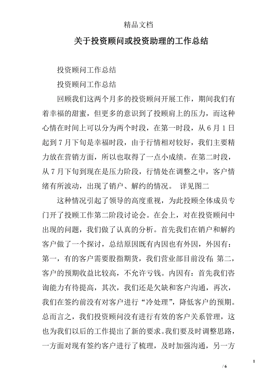 关于投资顾问或投资助理的工作总结_第1页