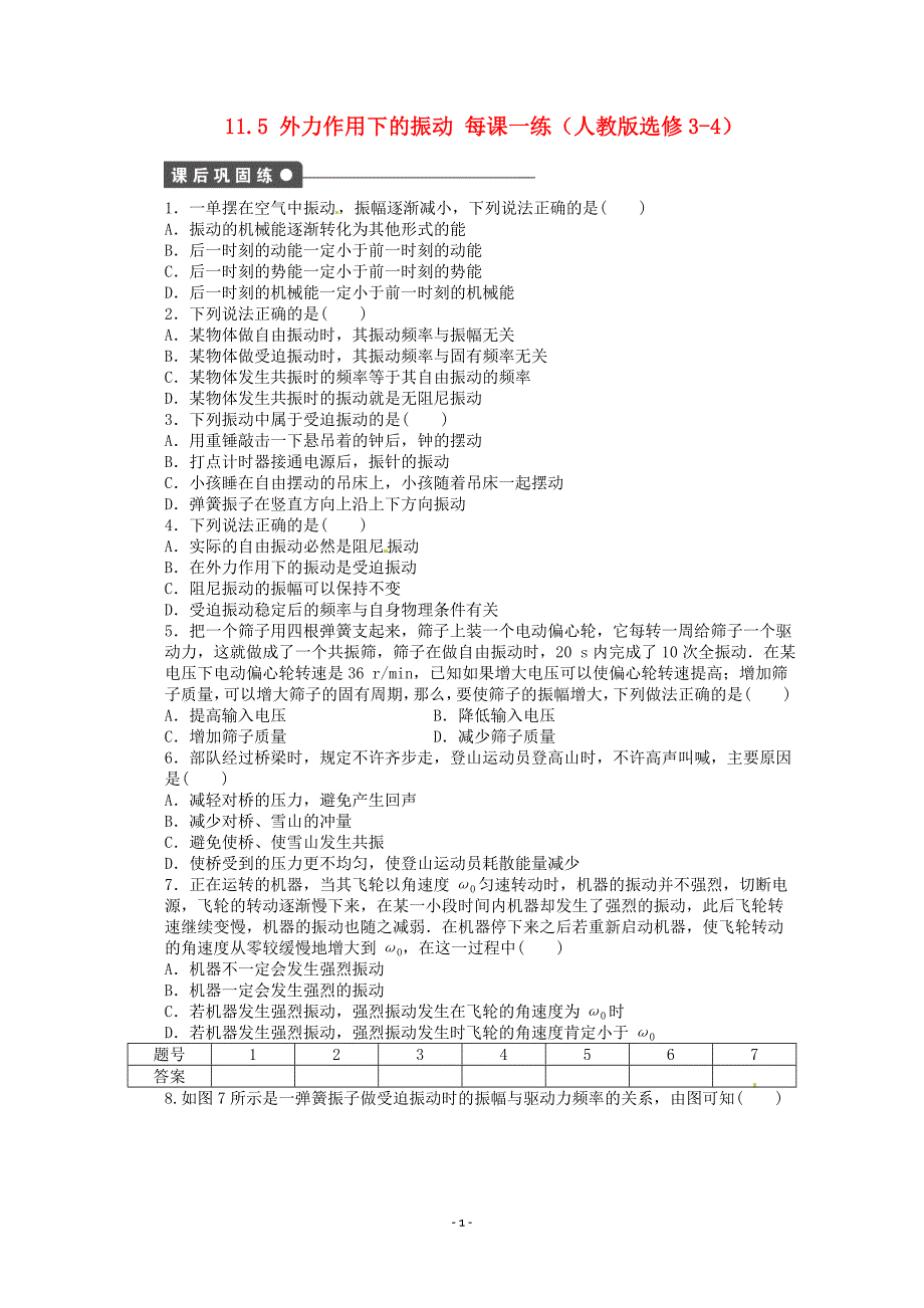 高中物理 11.5 外力作用下的振动每课一练 新人教版选修3-4_第1页