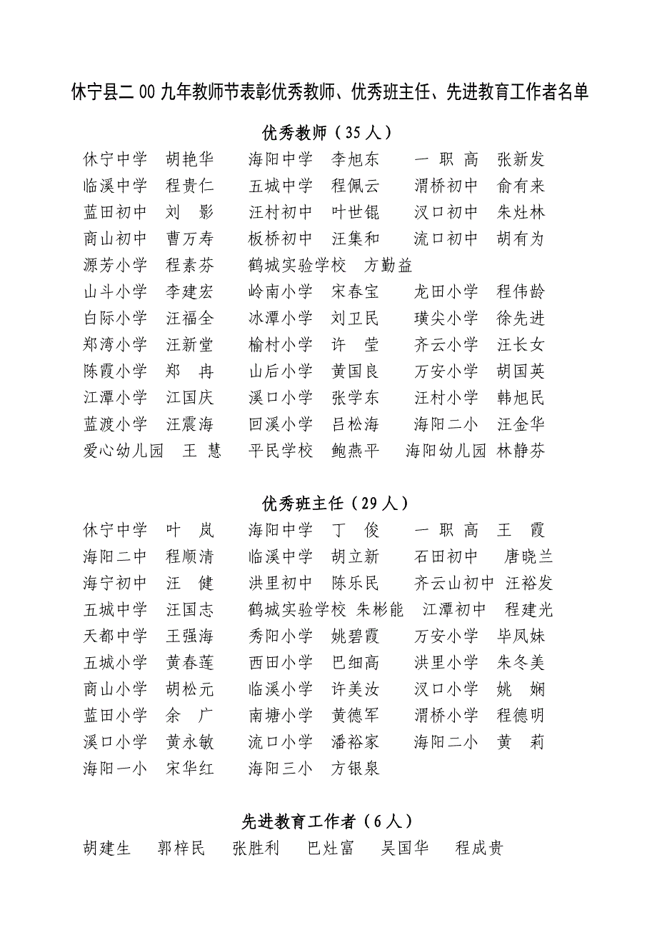 休宁县二00九年教师节表彰优秀教师、优秀班主任、先进教育_第1页