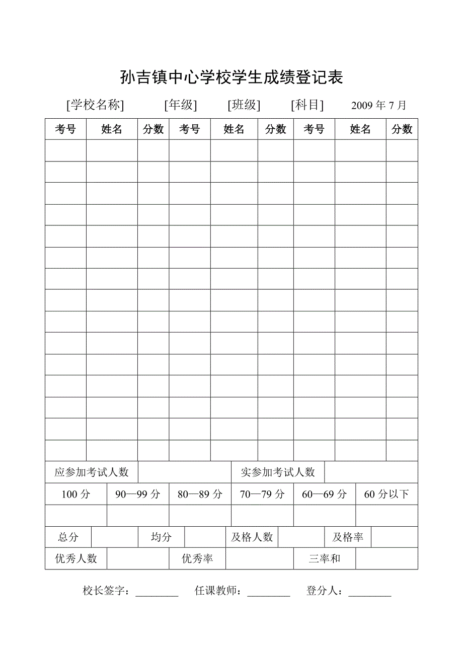 孙吉镇中心学校学生成绩登记表_第1页