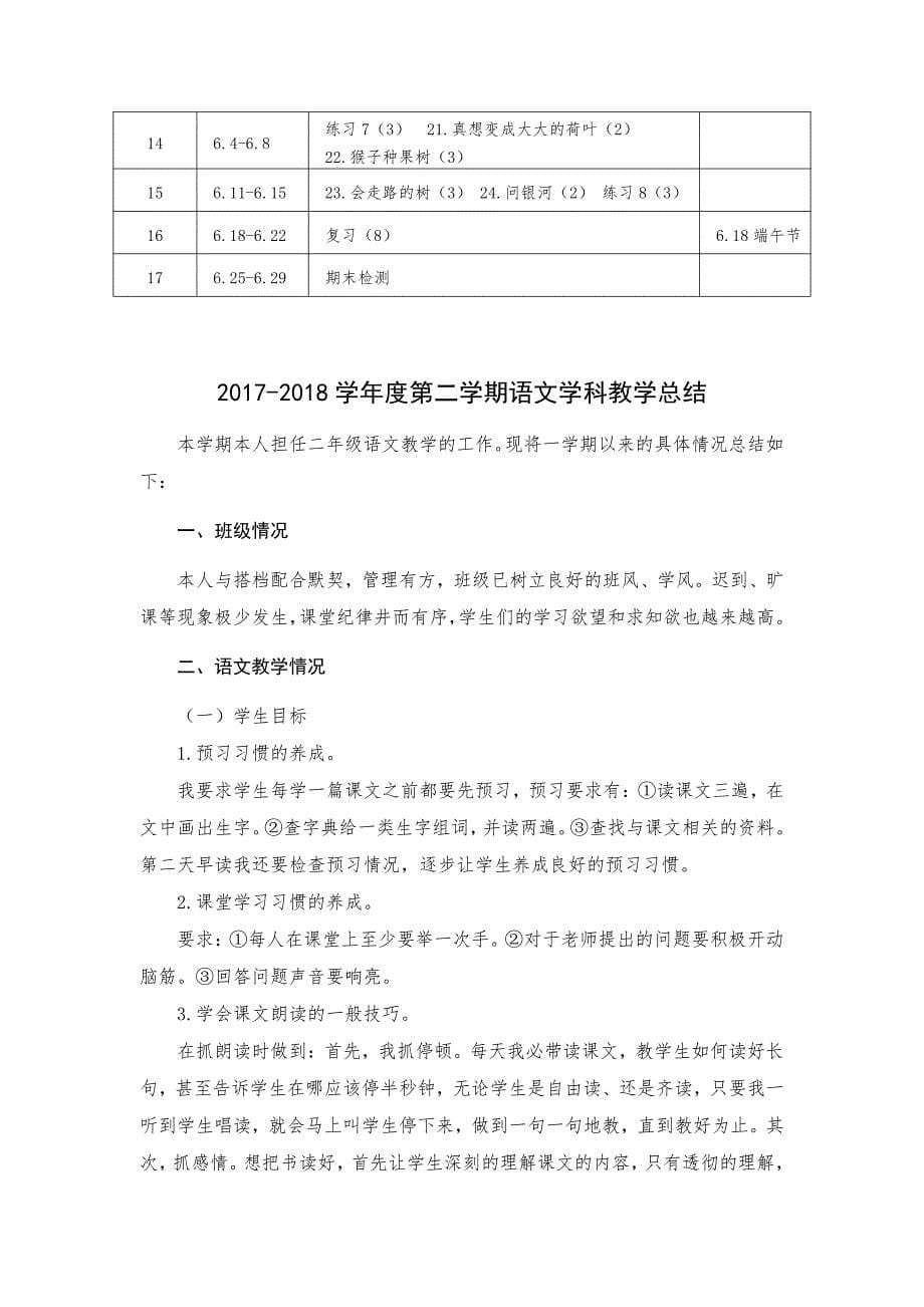 最新2018年苏教版小学二年级下册语文教学计划教学进度表期末工作总结_第5页