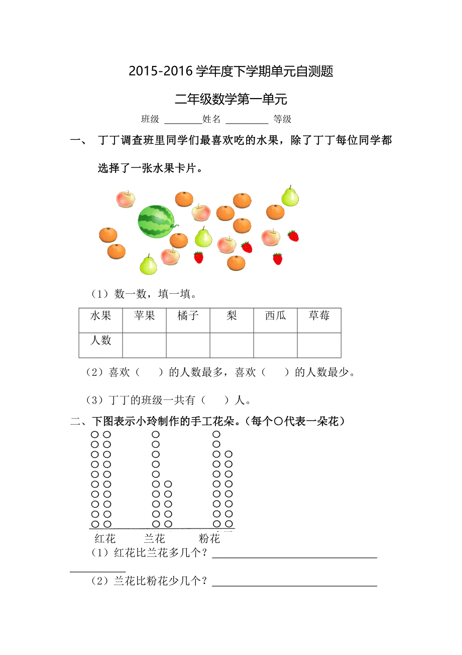 2015-2016学年二年级下第一单元数据收集整理自测题_第1页