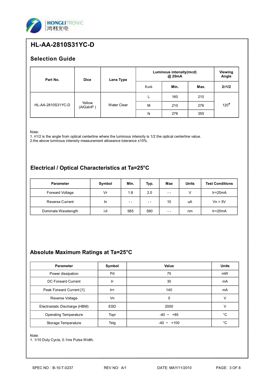 鸿利光电 led  规格书hl-aa-2810s31yc-d   a1_第3页