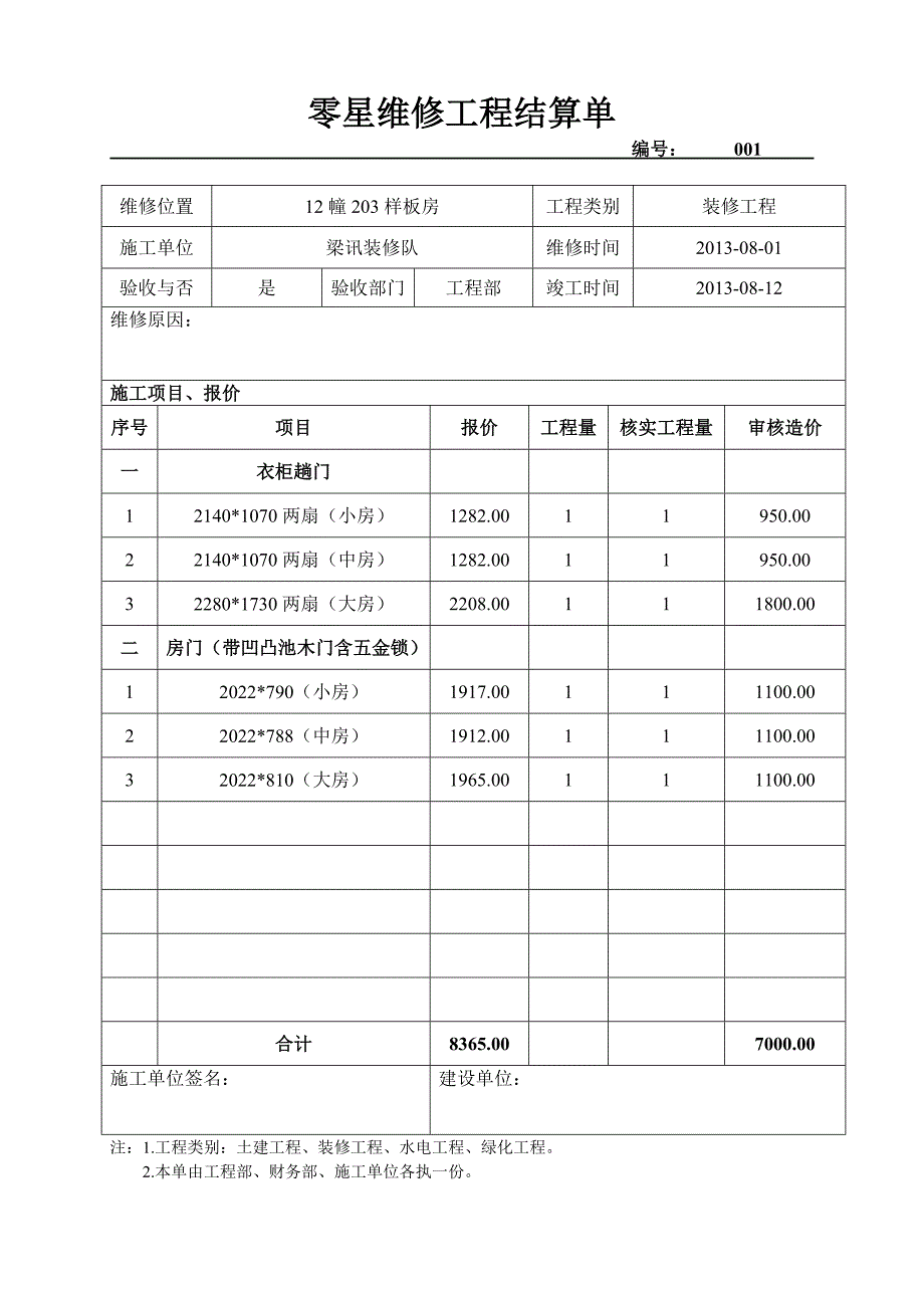 零星维修工程结算单_第1页