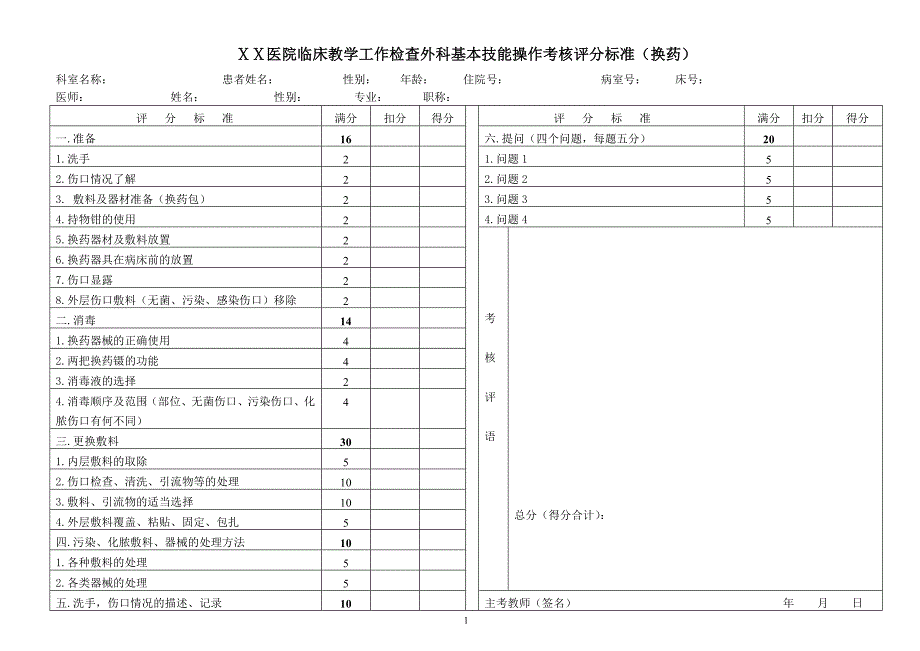 医院临床教学工作检查外科基本技能操作考核评分标准_第1页