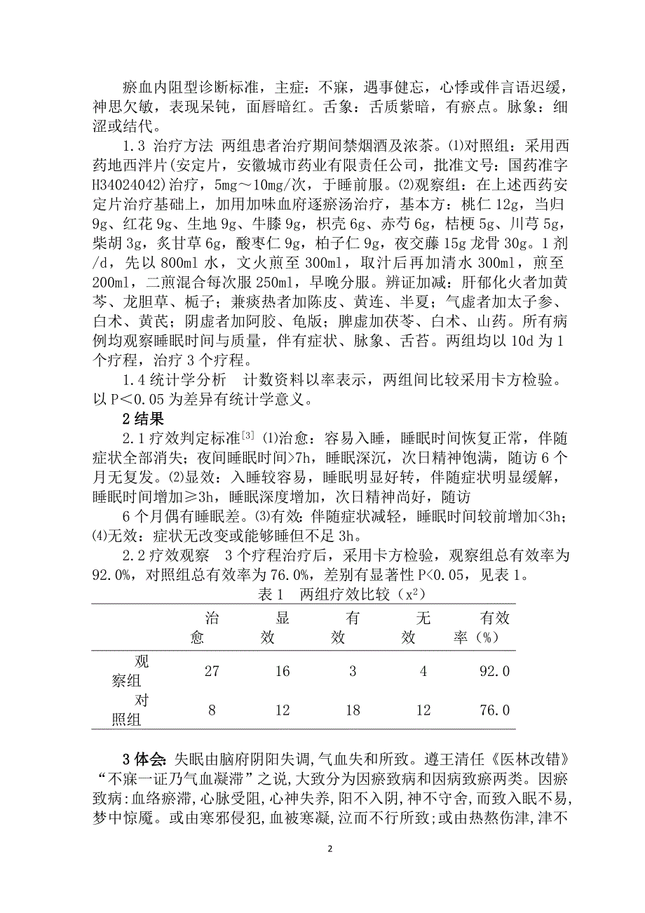 加味血府逐瘀汤治疗失眠症临床观察_第2页