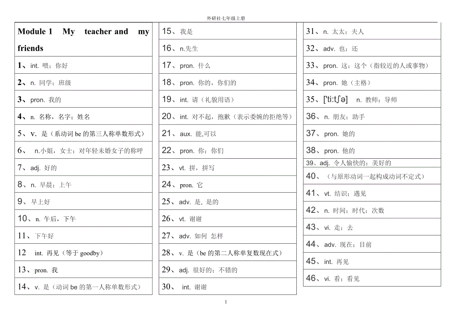 最新外研版七上单词默写打印篇_第1页