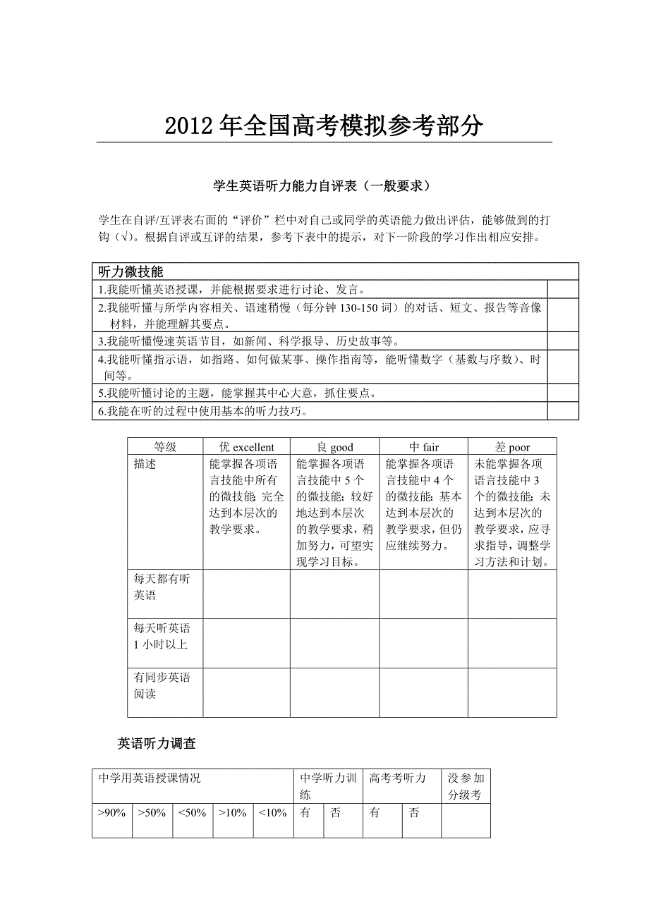 国家政策对学生英语能力自评资互评表(一般要求)_第1页