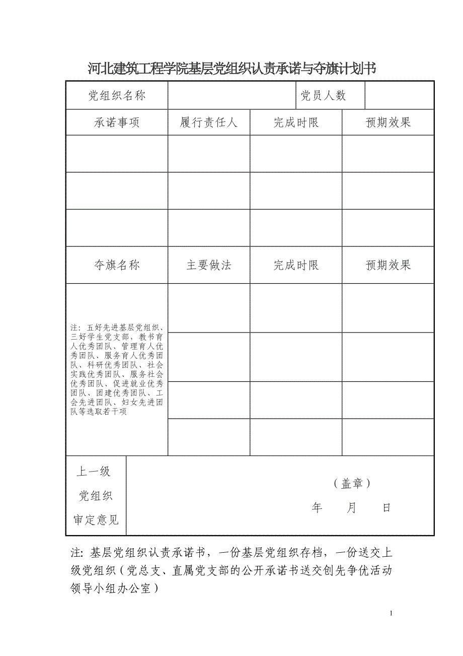 河北建筑工程学院基层党组织认责承诺与夺旗计划书_第1页