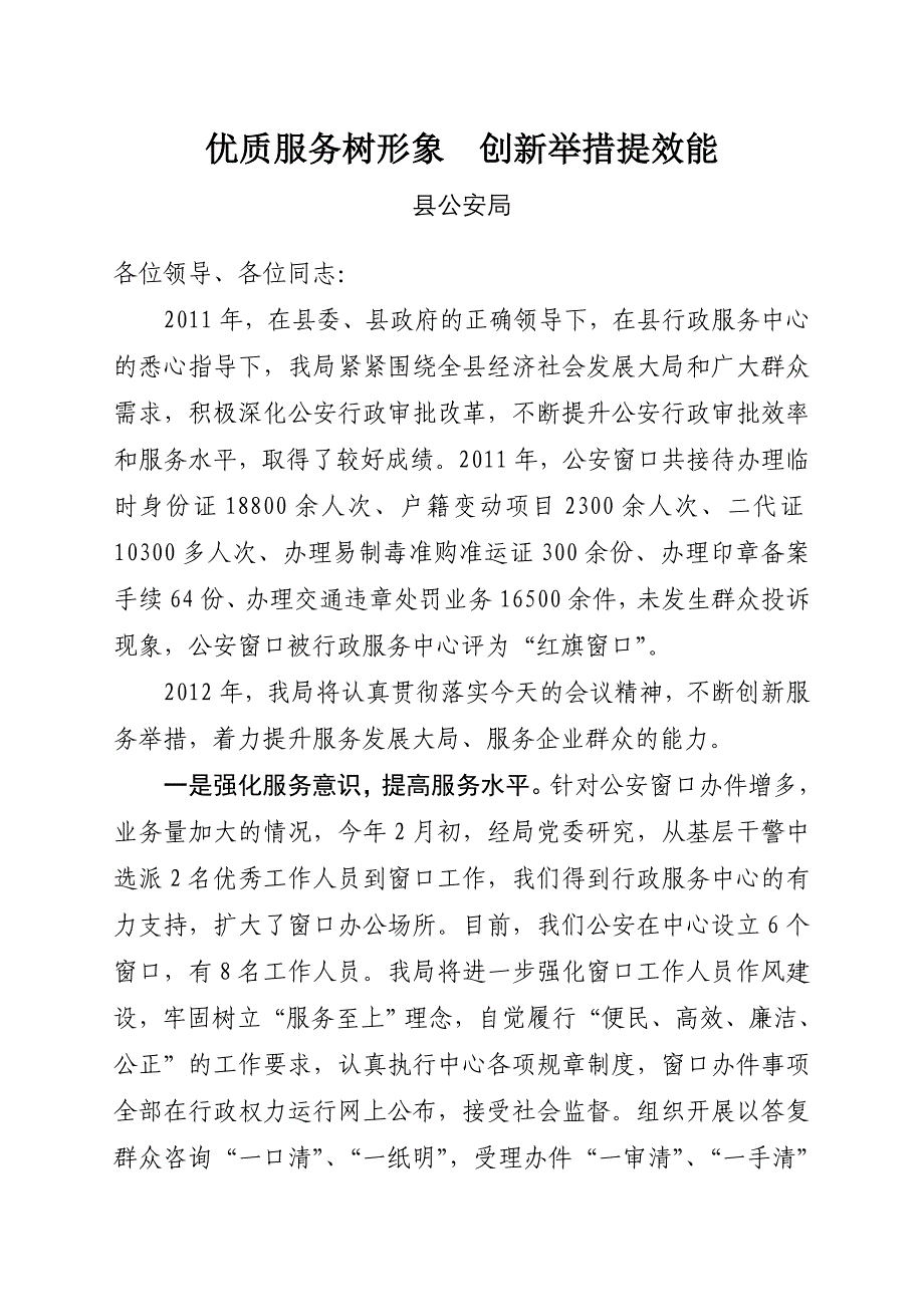 全县行政审批服务工作会议发言材料公安_第1页