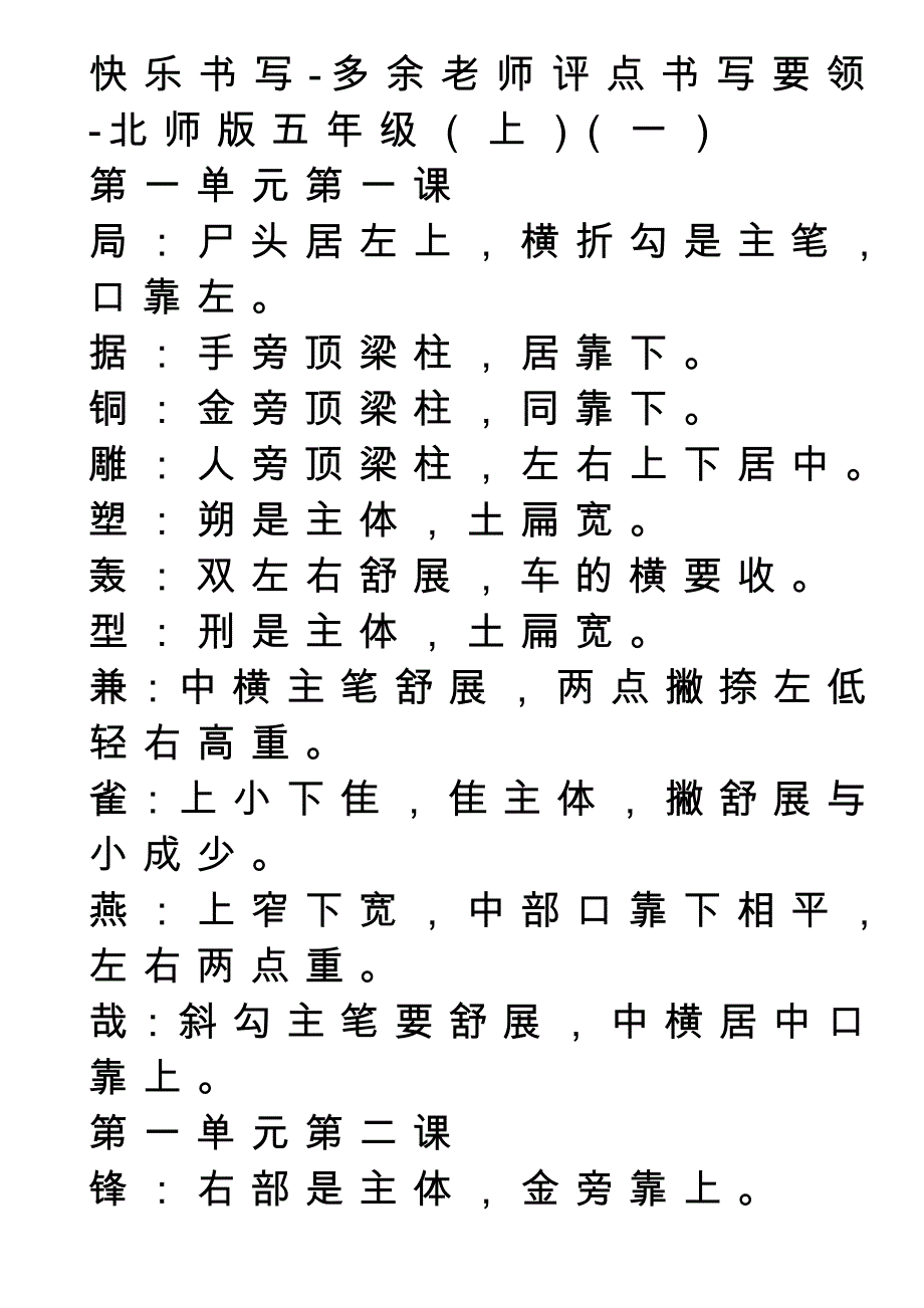 快乐书写-多余老师评点书写要领-北师版五年级(上)_第1页
