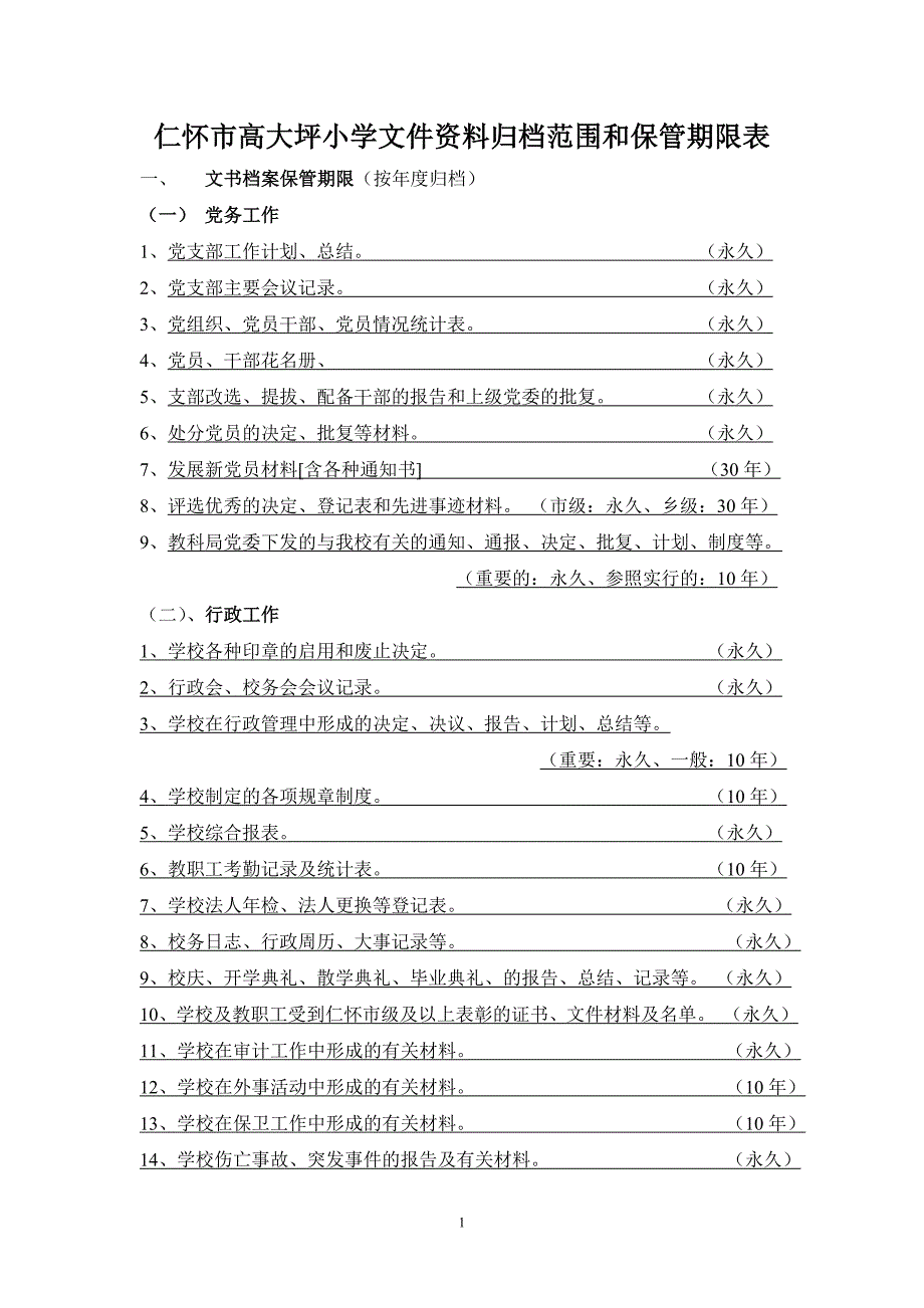 高大坪小学文件资料归档范围和保管期限表_第1页