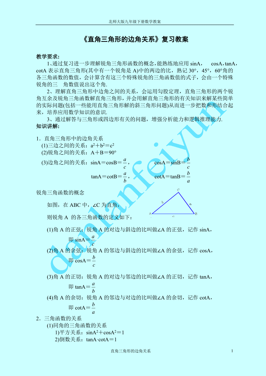 《直角三角形的边角关系》复习课教案_第1页