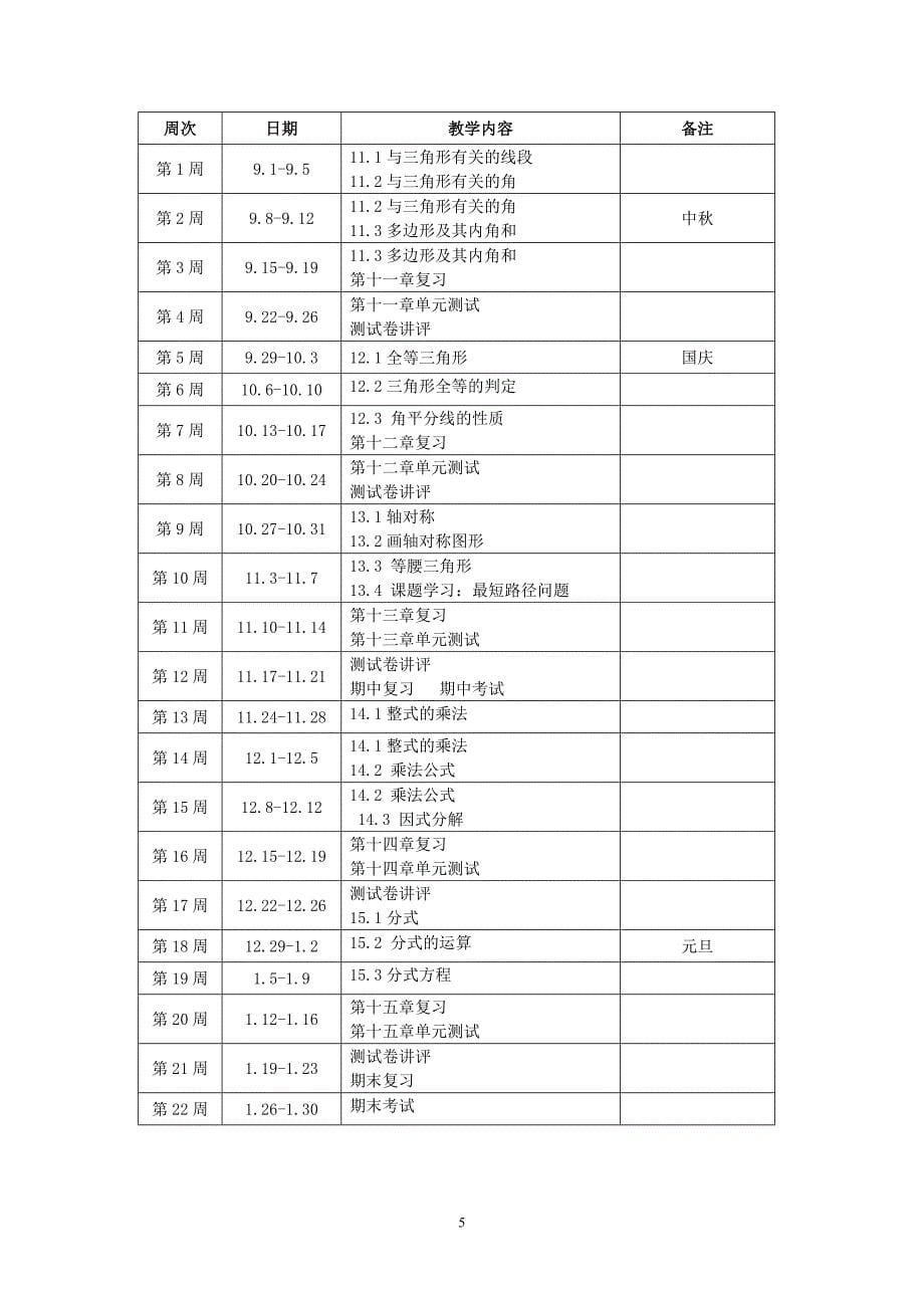 新人教版2014--2015八年级上册数学教学计划_第5页