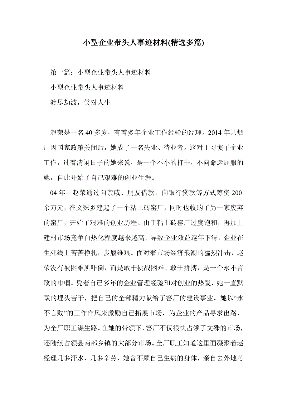 小型企业带头人事迹材料(精选多篇)_第1页