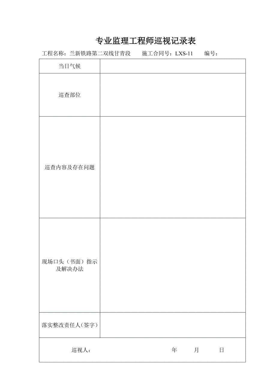 专业监理工程师巡视记录表_第1页