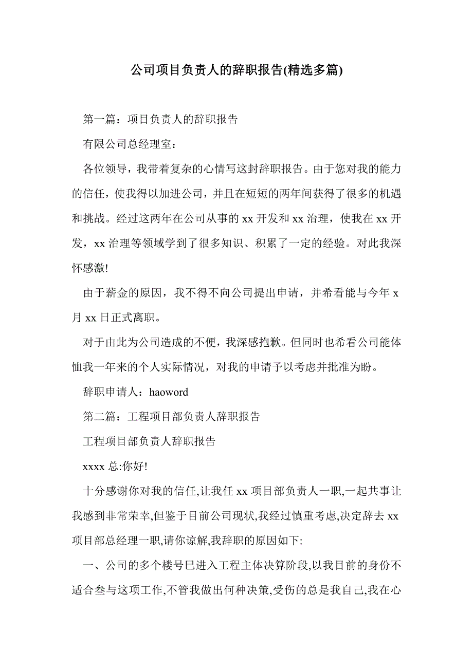 公司项目负责人的辞职报告(精选多篇)_第1页