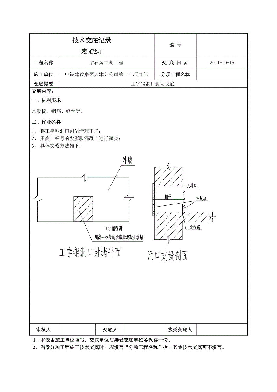 工字钢洞口及对拉螺栓孔封堵交底_第1页