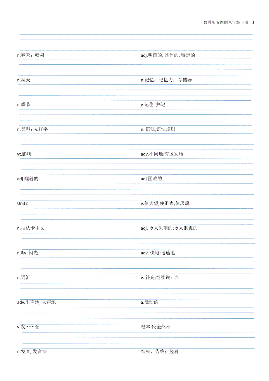 鲁教版五四制八年级英语下册单词默写四线格_第3页