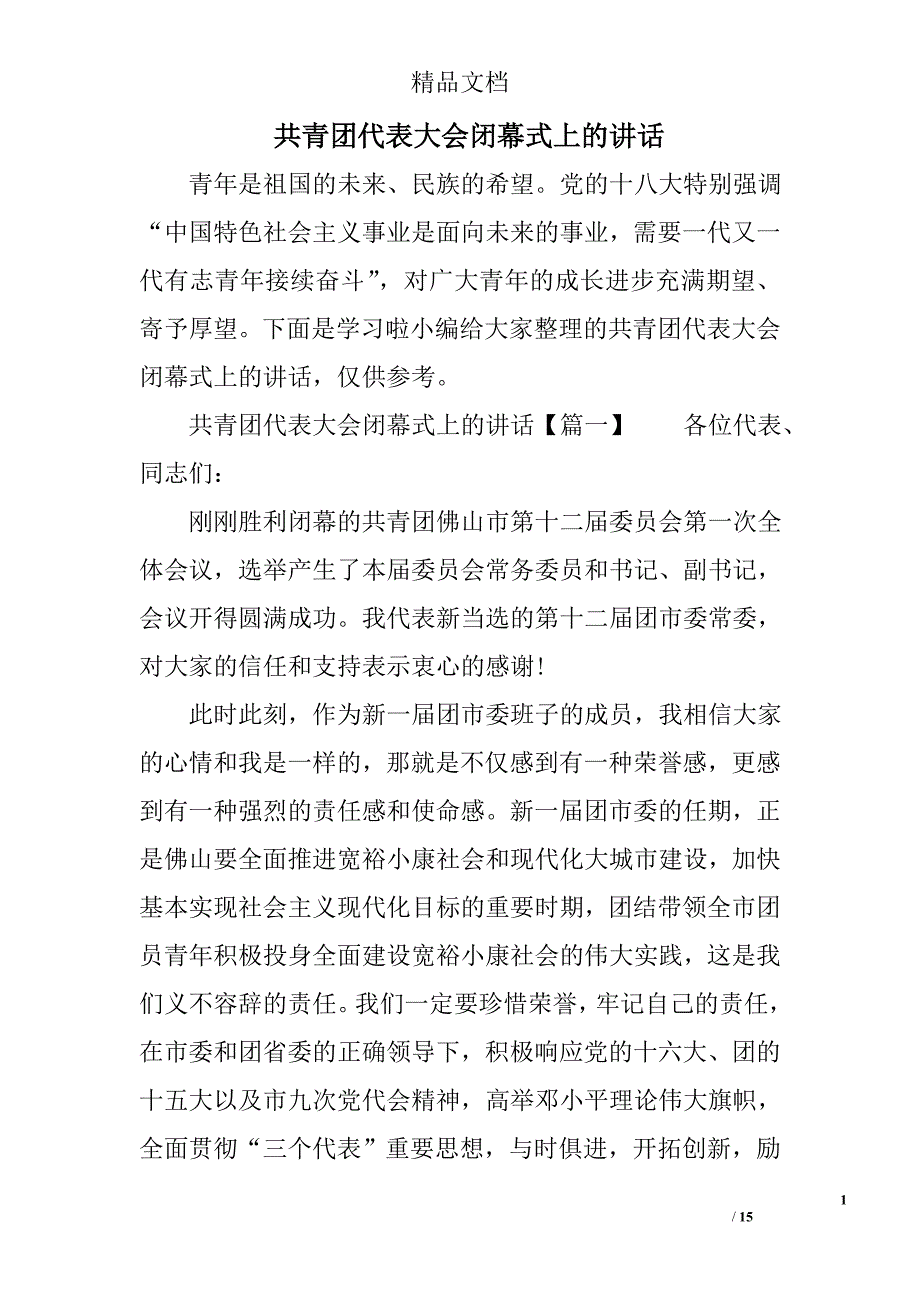 共青团代表大会闭幕式上的讲话范例_第1页