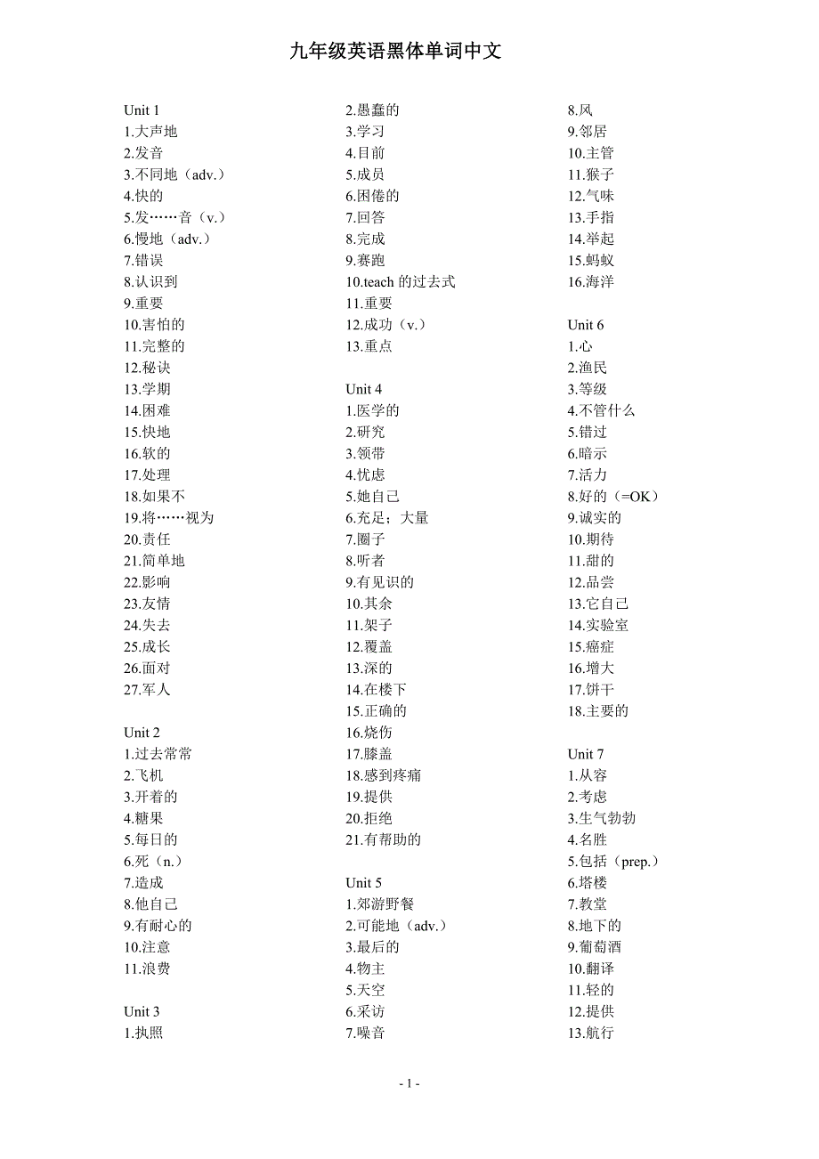 九年级英语黑体单词中文_第1页