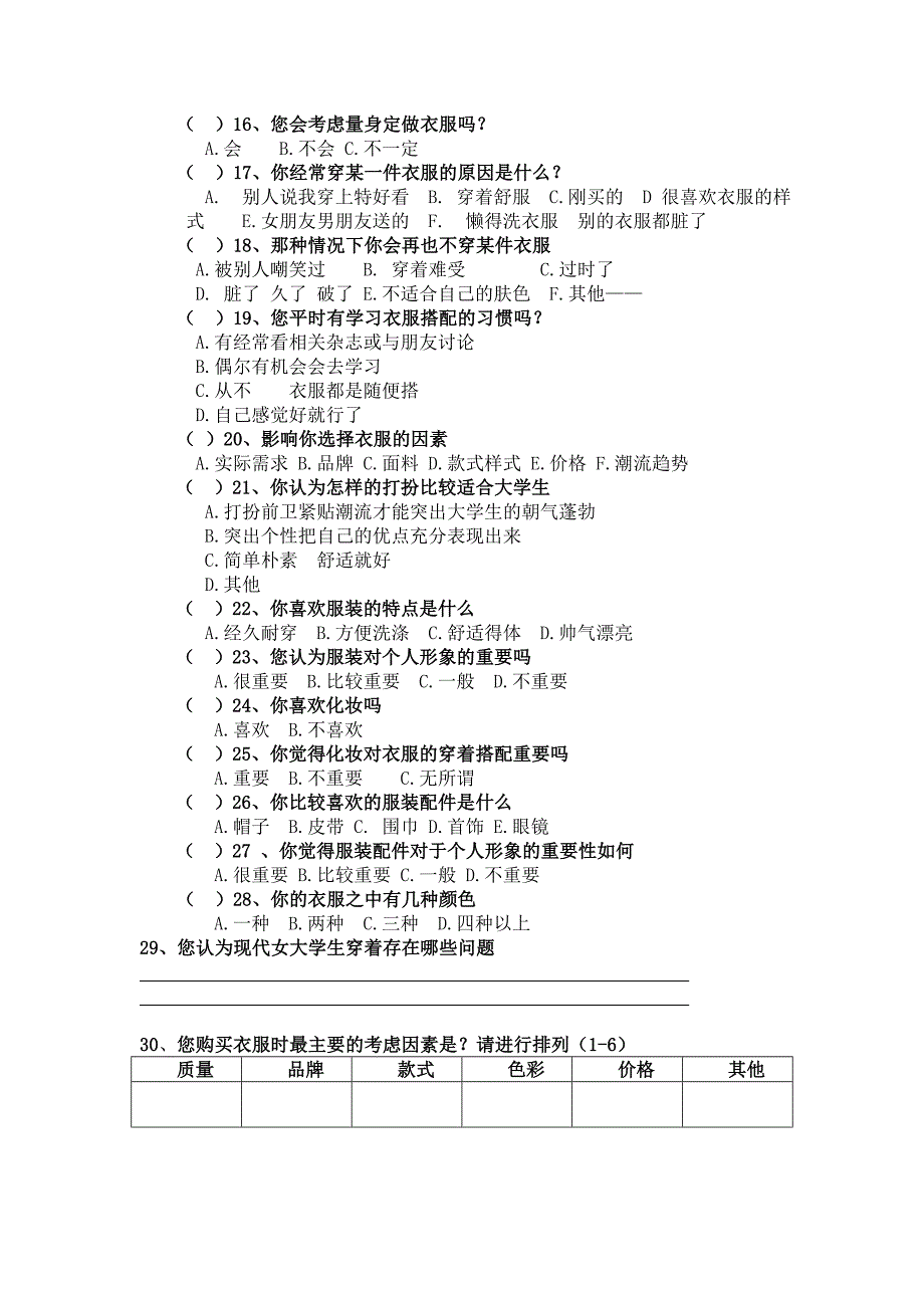 现代女大学生穿着特点调查表_第2页