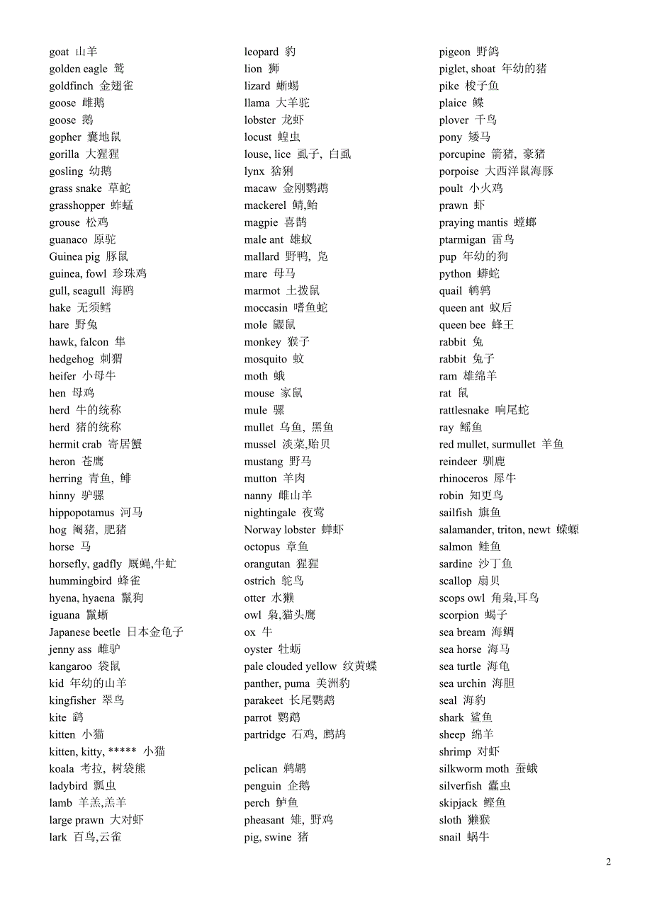 各种植物动物颜色及家具的英语单词_第2页